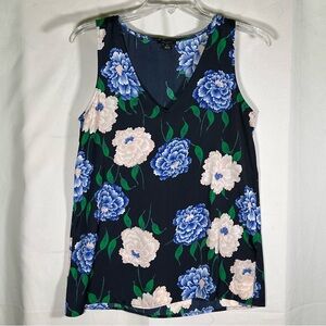 Ann Taylor Sleeveless Blue Black Floral Silky Top Quiet Luxury Women's size XS